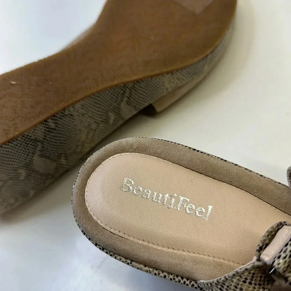BeautiFeel Gwen Wedge Sandals Open Toe Shoes Ankle Strap Suede Tan Snake 41 10.5